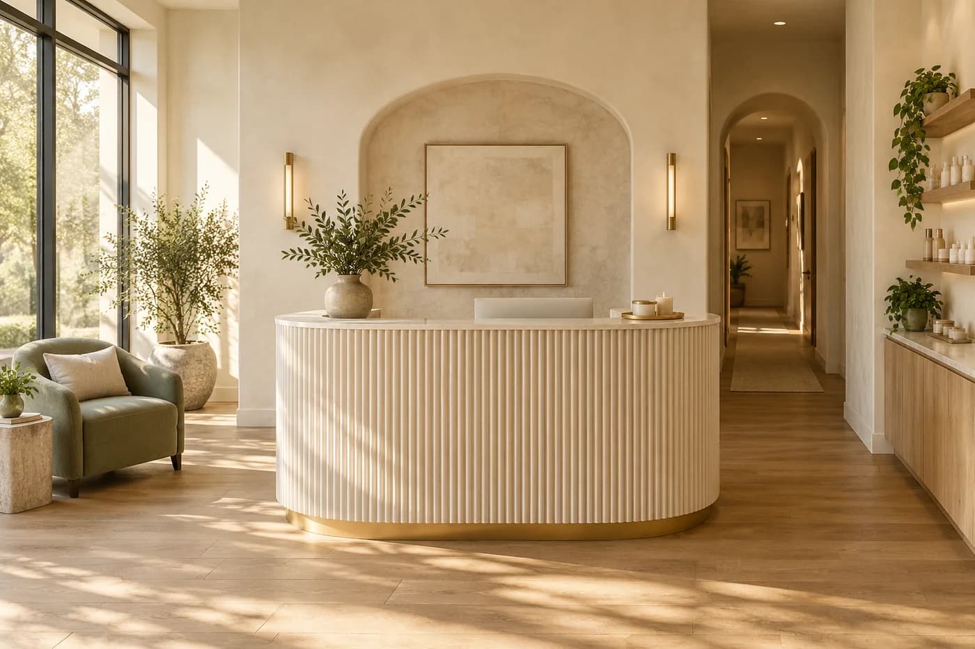 Illustrative med spa reception with a curved desk and warm natural lighting